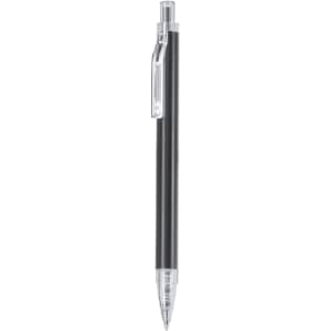 A metal pen in black with a clear clip, featuring a branded logo.
