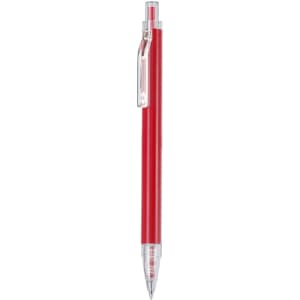 A red metal pen with a transparent barrel and a clip. The pen features a logo.