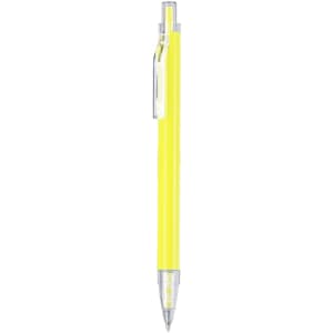 A yellow metal pen with a clear clip and a silver tip, featuring branding on the barrel.