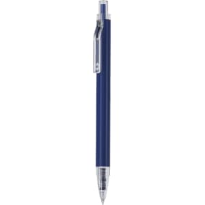 A metal pen with a navy blue body and a clear clip, featuring a chrome tip and a branding logo.