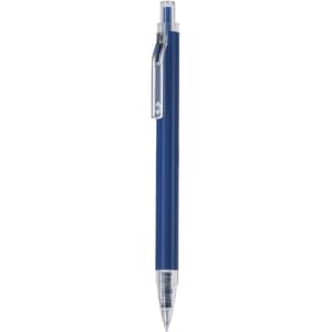 A metal pen with a dark blue barrel and clear accents, featuring a clip and a branded logo.