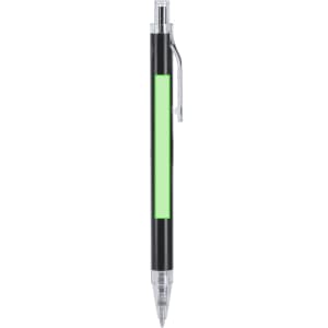 A black metal pen with a green grip section and a silver clip, featuring a branding logo.