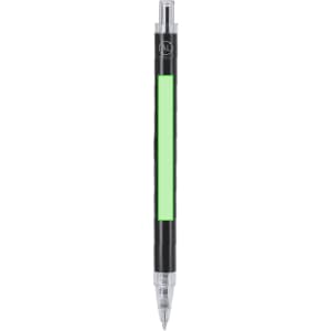 A metal pen with a black body and a bright green accent, featuring a logo on the barrel.