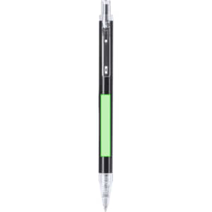 A black metal pen with a green accent and a clear clip. The pen features a branding logo on its body.