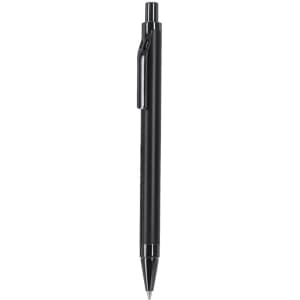 A metal pen in sleek black, featuring a smooth barrel and a clip for easy carrying. It has a branding logo.