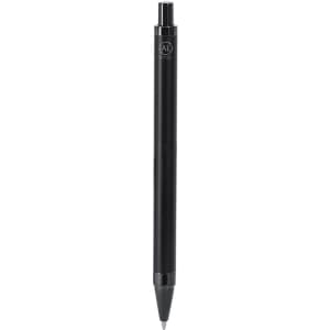A black metal pen with a sleek design and a logo on the body.