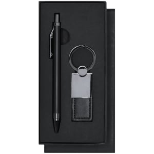 A stylish black metal pen and keyring set presented in a sleek black box, featuring a logo.