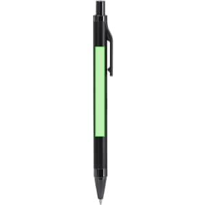 A black metal pen with a green accent and a clip. The pen features a logo.