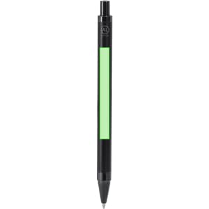 A metal pen featuring a black body and a bright green accent, equipped with a logo at the top.