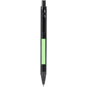 A black metal pen with a green highlight and clip, featuring a logo on its body.