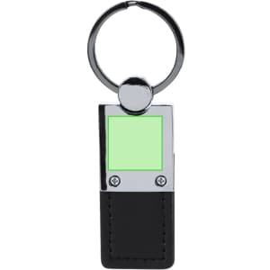 A metal keyring with a rectangular, green section and a black leather base, featuring a circular attachment loop.
