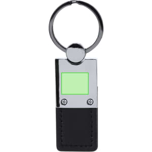 A keychain with a chrome finish and black synthetic leather, featuring a green square panel.