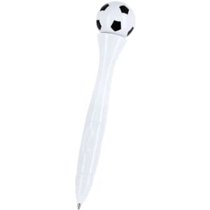 A white pen with a soccer ball-shaped top, featuring a black and white design. The pen has a smooth finish and a logo.