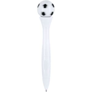 A white pen with a soccer ball topper and a logo. The design is playful and themed for sports enthusiasts.