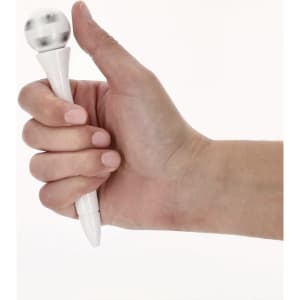 A white pen held in a hand, featuring a spherical top and a smooth grip.