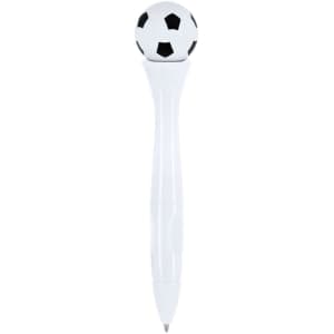 A white pen featuring a soccer ball topper in black and white. The pen has a logo on its body.
