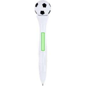 A white pen featuring a soccer ball top and a green decorative section, with a logo on the side.