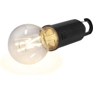 A black lamp with a clear, vintage-style bulb. The bulb has visible filaments and emits a warm glow.