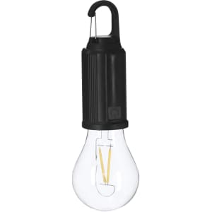 A black hanging lamp with a clear glass bulb, featuring a hook for easy attachment.