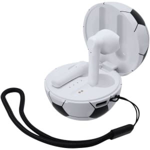 A white earphone case designed to resemble a soccer ball, with white earbuds inside and a black strap.