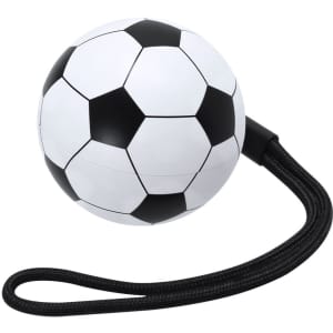 A round football-shaped keychain with black and white panels, featuring a black strap attached for easy carrying.