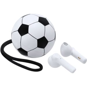 A soccer ball with a black and white design alongside white earphones with a logo.