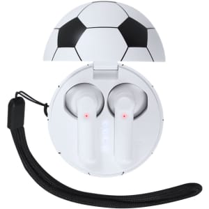 A white case designed like a soccer ball opens to reveal two wireless earphones with LED indicators.