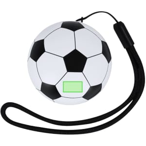 A white and black soccer ball-shaped promotional product with a black strap attached. It features a logo.