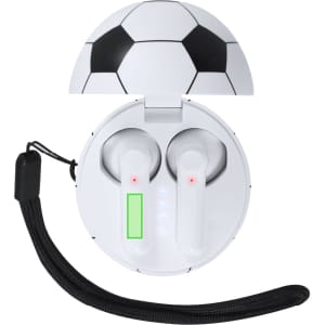A pair of white earphones in a round case designed to look like a soccer ball, featuring a black and white pattern.