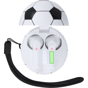 A round charging case designed like a soccer ball, containing white earphones with a green battery indicator.