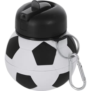 A drink bottle shaped like a soccer ball, featuring black and white panels and a keychain attachment.