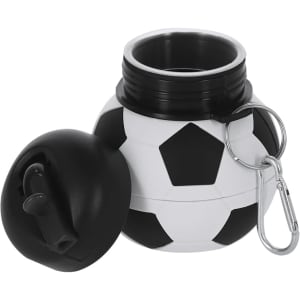 A drink bottle shaped like a soccer ball, featuring a black and white design, with a keychain attachment.