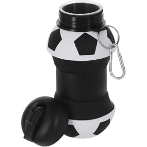A drink bottle designed like a soccer ball, featuring a black and white pattern with a removable cap and a carabiner.