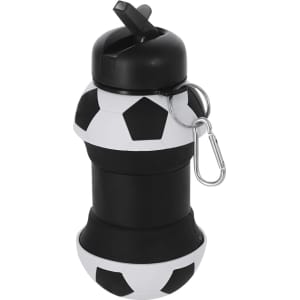 A drink bottle in black and white with a soccer ball design, featuring a flip-top lid and a keyring.