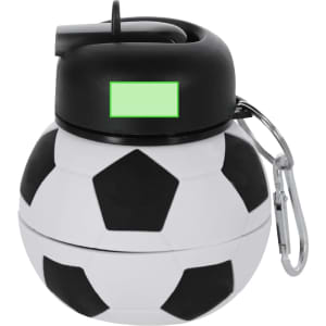 A drink bottle designed as a black and white soccer ball, featuring a carabiner and a hinged top.