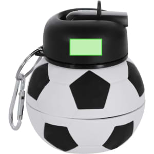 A drink bottle designed as a soccer ball, featuring black and white panels and a black handle with a carabiner.