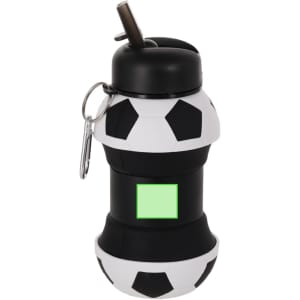 A drink bottle designed like a soccer ball, featuring a black and white pattern with a straw and a keyring attachment.