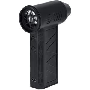 A black vacuum cleaner blower featuring a cylindrical nozzle and a textured body. It includes a logo on the side.
