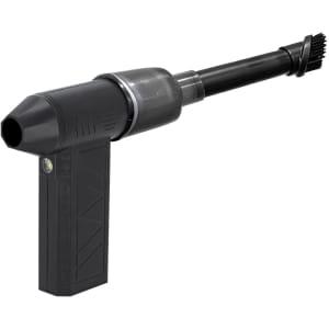 A black vacuum cleaner blower with a sleek design, featuring a detachable brush attachment and an integrated handle.