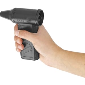 A hand holds a black Logarix Vacuum Cleaner Blower, featuring a tapered nozzle and a textured grip.
