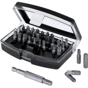 A tool set featuring a clear case, containing various grey screwdriver bits and a silver bit holder.