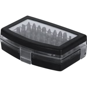A compact black tool set with a transparent lid, containing various interchangeable screwdriver bits.