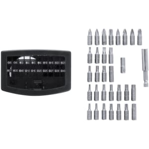 A tool set featuring various metal bits in silver, housed in a black case with a tool holder.
