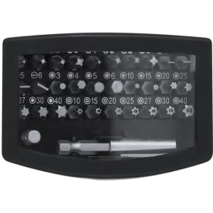 A black tool set containing various hex, star, and screwdriver bits, with a transparent cover and a handle.