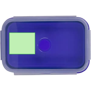 A purple lunch box with a clear lid and a rectangular area. The box has a logo on the lid.