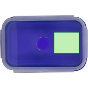 A purple lunch box with a translucent lid and a small rectangular section on top. It features a logo.