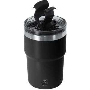 A drink bottle in matte black with a stainless steel base and a clear lid featuring a sliding spout. Includes a logo.