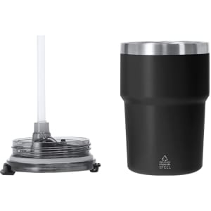 A black insulated cup with a stainless steel lid and a grey, removable base with a straw.