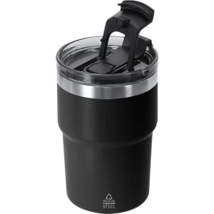A travel mug with a black exterior, stainless steel base, and a clear lid featuring a flip-top opening. It has a logo.