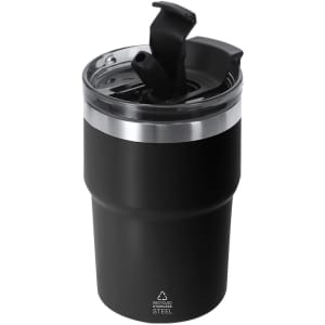 A drink bottle in matte black with a stainless steel rim and a flip-top lid. It features a logo on the side.